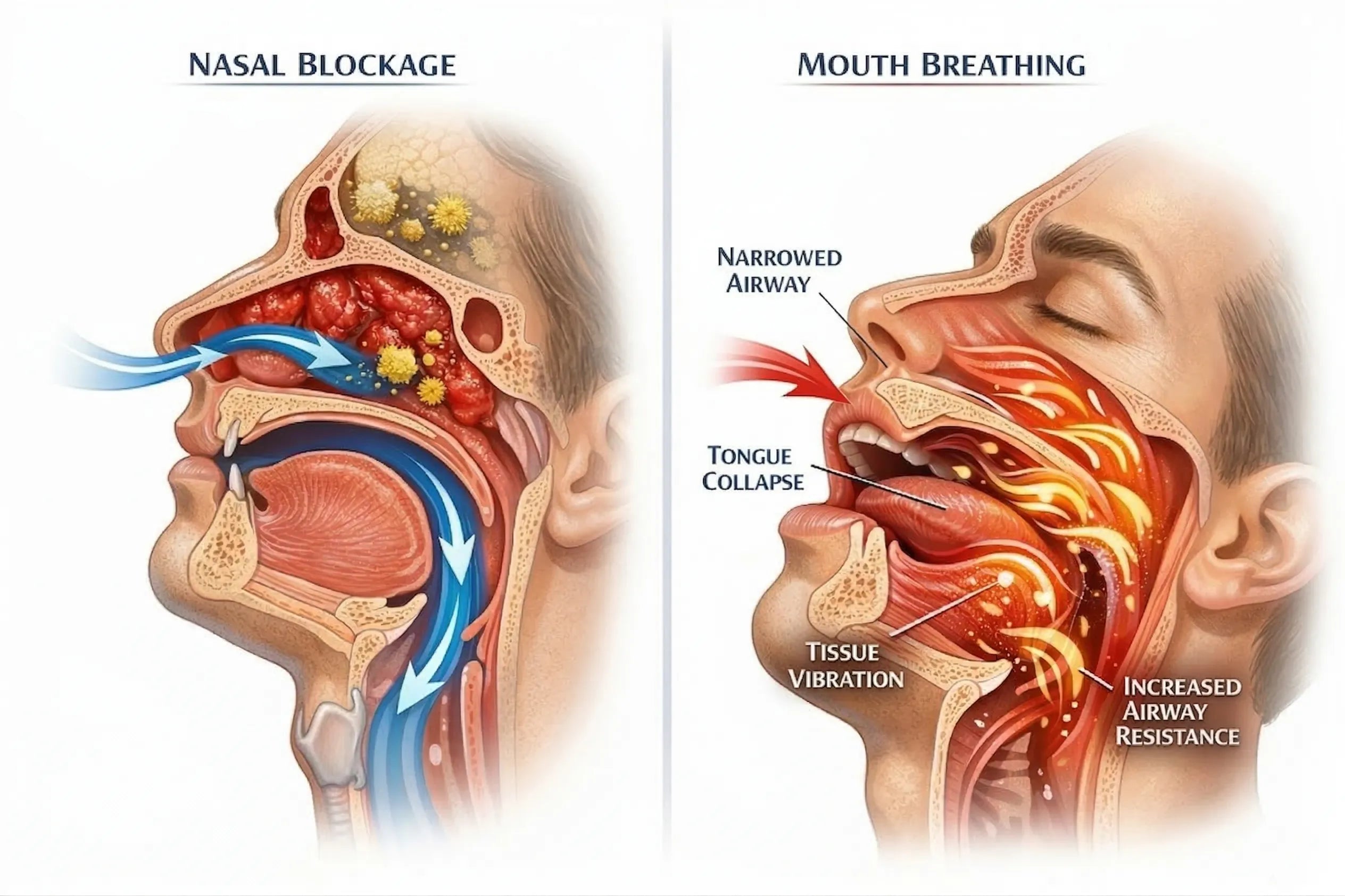 A detailed medical illustration comparing the physiological effects of nasal blockage versus mouth breathing on the human airway, highlighting tongue collapse and tissue vibration.