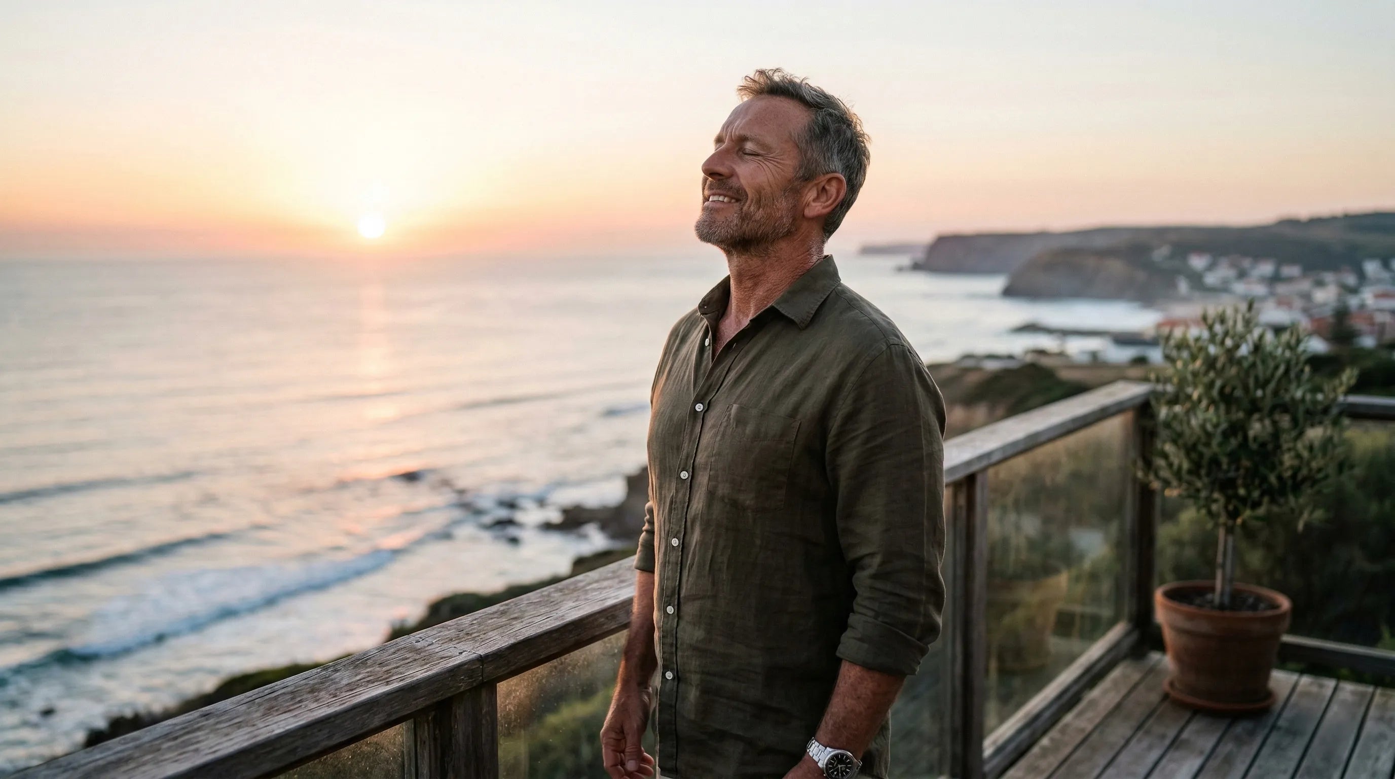 A smiling middle-aged man stands on a wooden balcony overlooking the ocean and cliffs during a golden sunset.