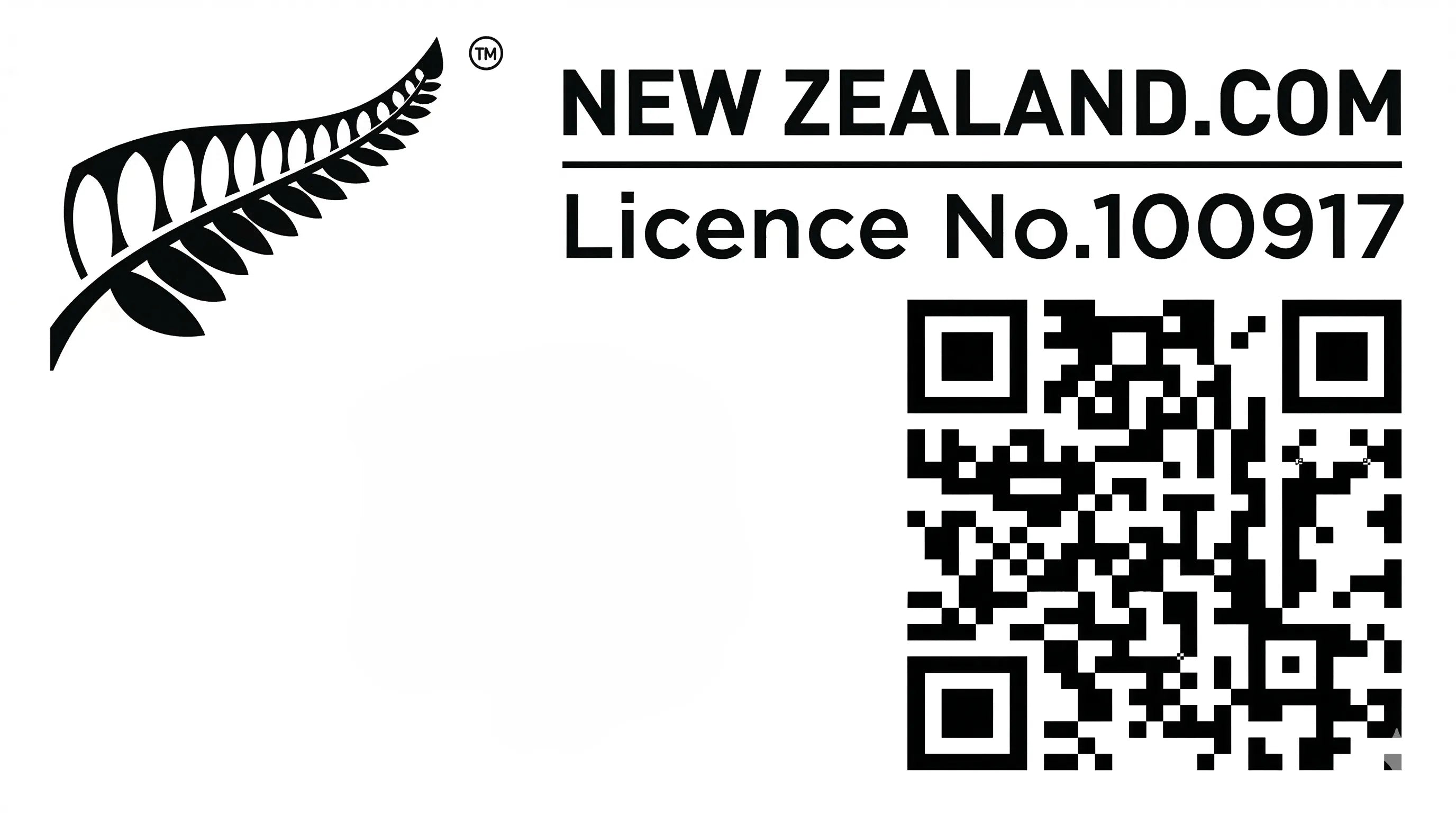 Official FernMark License certificate from New Zealand.com for License No. 100917, featuring the iconic New Zealand Silver Fern trademark and a QR code for verification of authentic NZ-made products.