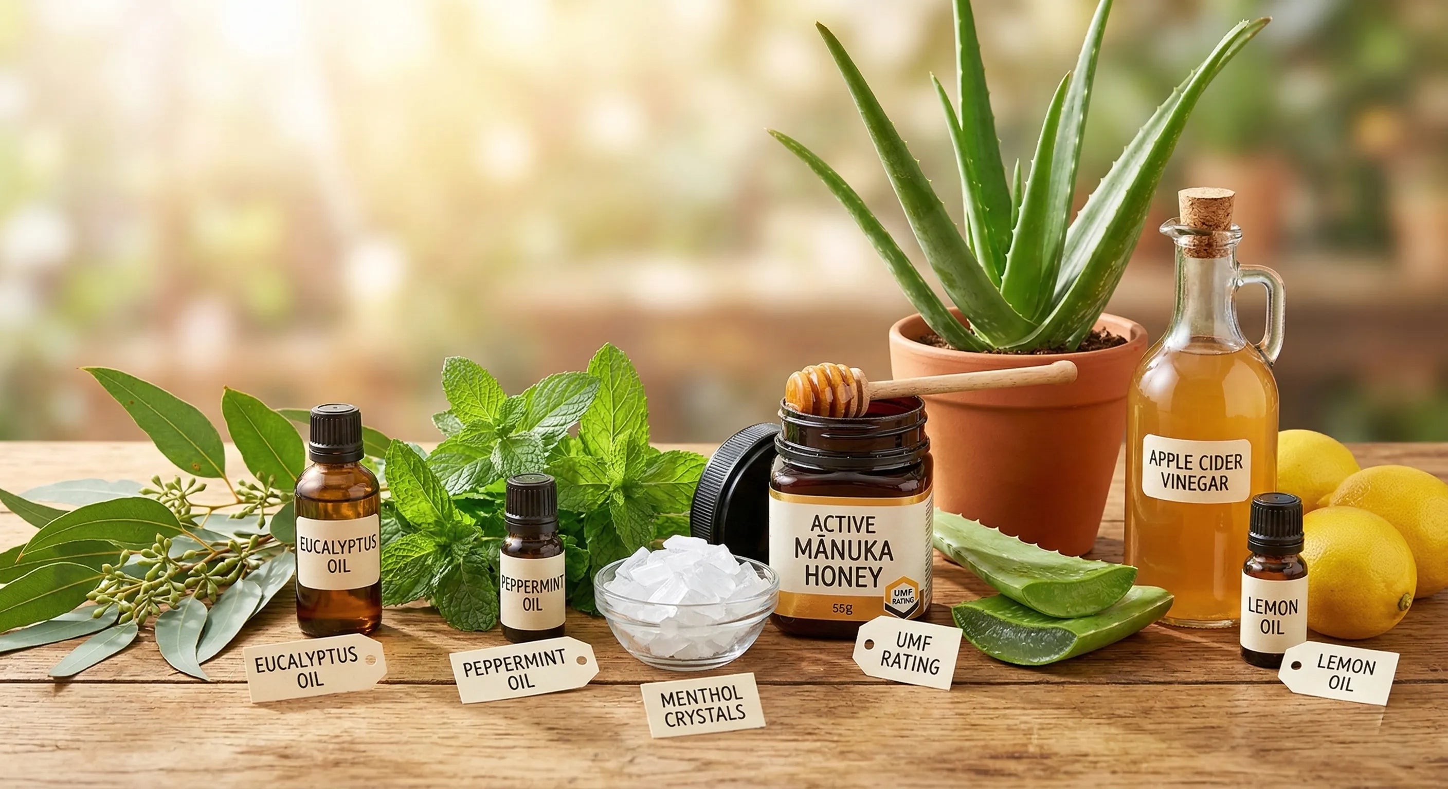 A professional arrangement of natural health remedies on a wooden surface, featuring eucalyptus and peppermint essential oils, menthol crystals, active Manuka honey, apple cider vinegar, fresh lemons, and an aloe vera plant.