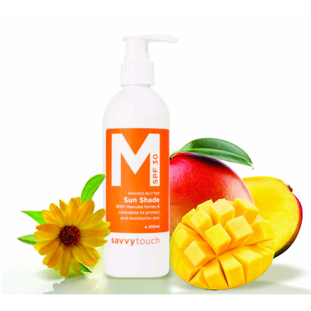Mango Butter Sunscreen SPF30 - Savvy Touch A Naturally based SPF 30 Sunshade, in a base of Mango Butter with Calendula & Active Manuka Honey to aid in hydrating & natural healing of the skin while it protects.   We use Zinc Oxide a broad-spectrum block to protect from the harsh Southern hemisphere sun.   Stripped of all nasty chemicals. We use an emulsifier, so the Zinc is absorbed into the skin clear. No white mess! It is Ideal to protect the whole family.